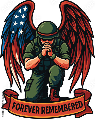  Kneeling soldier with red and blue angel wings and "Forever Remembered" memorial tribute banner
