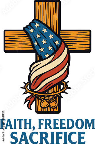 Wooden cross wrapped in American flag with "Faith, Freedom, Sacrifice" tribute text design
