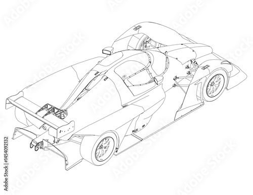 The illustration is a vector-based wireframe rendering of a high-performance racing car, showcasing its sleek, aerodynamic design with a low-slung body, large rear spoiler for downforce
