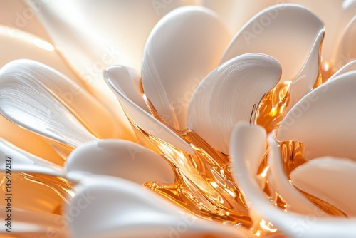 Iridescent petals glow, layering in delicate formations. Warm light reflects from texture