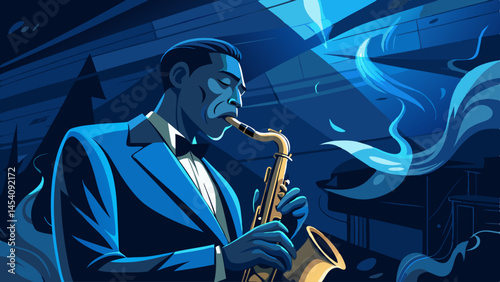 A man in a suit is playing a saxophone while smoke surrounds him. Concept of mystery and intrigue, as the man is lost in his music. The smoke adds an element of danger and excitement to the scene