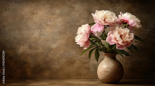 Pink Peonies in a Rustic Vase Against a Brown Textured Background