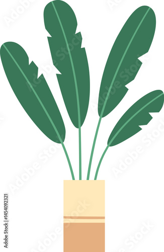 Four large green banana leaves growing from a beige pot with a brown base, adding a stylish and natural touch to home decor and enhancing the aesthetic of any living space