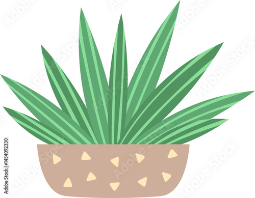 Illustration of a vibrant green plant with long, pointed leaves housed in a decorative ceramic pot featuring a geometric pattern. Ideal for home decor and botanical themes