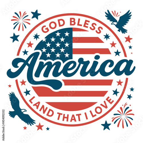 Round "God Bless America" design with stars, eagles, fireworks, and patriotic theme
