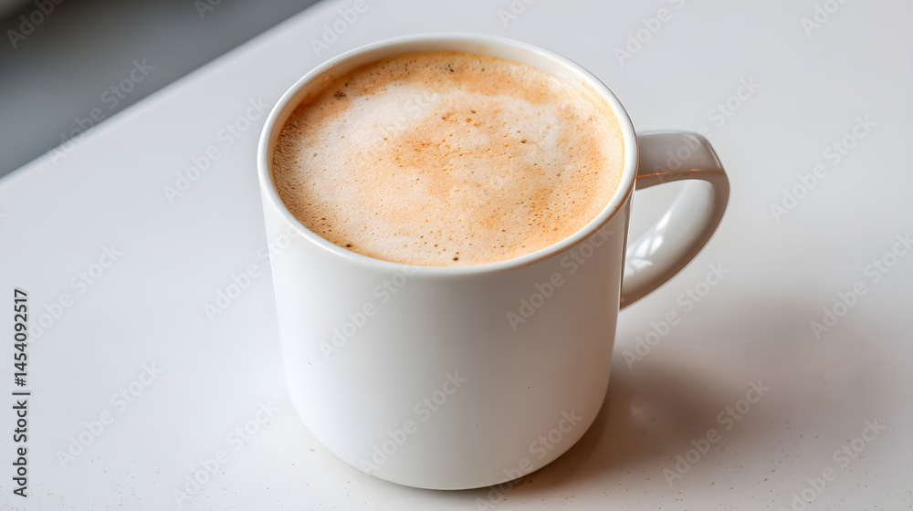 Fototapeta premium Classic Brewed Coffee Drink in White Mug on Table with Foam Texture and Warm Lighting