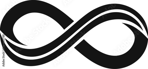 Black and white infinity symbol featuring elegant curves and smooth lines, symbolizing endless possibilities and continuity. The design is modern and simplistic, perfect for conceptual themes