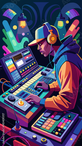 A man is playing a keyboard in a studio. The studio is colorful and has a futuristic vibe