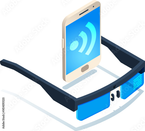 Smart glasses are connecting wirelessly with smartphone showing RSS feed symbol in isometric illustration representing augmented reality and mobile technology