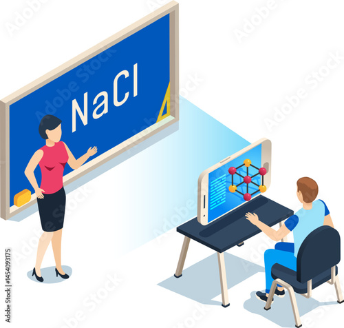 Chemistry teacher explaining NaCl molecular structure using augmented reality on smartphone during a chemistry class in an interactive and engaging way