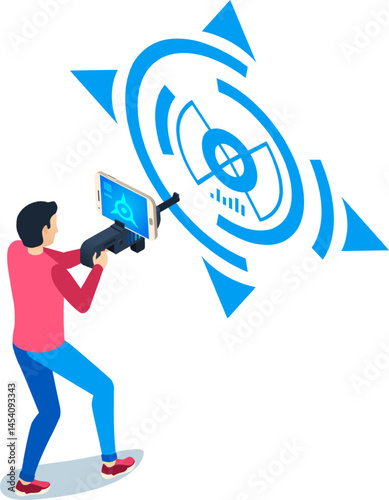 Man using a smartphone attached to a futuristic controller pointing at a digital target, experiencing interacting with augmented reality mobile app
