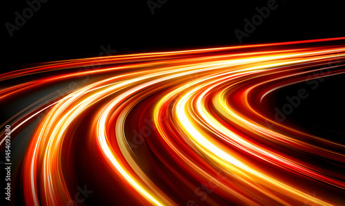 Abstract light trails curve dynamically against a dark backdrop, creating a sense of speed and motion
