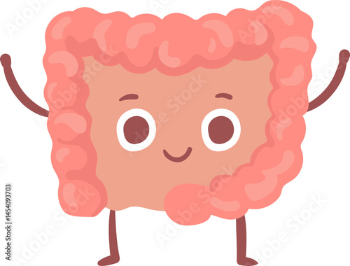 Cartoon illustration featuring a joyful intestine with arms raised high and a big smile, celebrating the importance of digestive health and overall well being in a vibrant, friendly style
