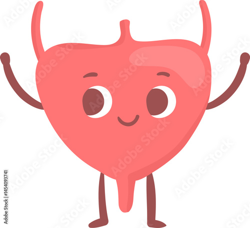 Cartoon illustration of a healthy happy human bladder raising arms and smiling, promoting awareness of urinary health and encouraging regular checkups