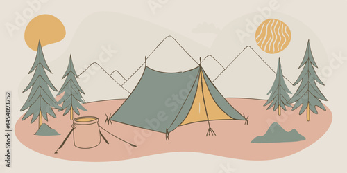 scenic mountain landscape, lakeside camping, colorful sunset, silhouetted palm trees, cozy tent, campfire, tranquil water reflection, vibrant sky, lush forest, serene wilderness