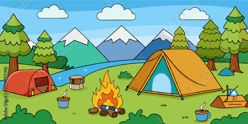 scenic mountain landscape, lakeside camping, colorful sunset, silhouetted palm trees, cozy tent, campfire, tranquil water reflection, vibrant sky, lush forest, serene wilderness