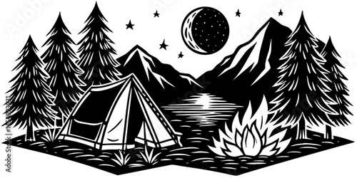 scenic mountain landscape, lakeside camping, colorful sunset, silhouetted palm trees, cozy tent, campfire, tranquil water reflection, vibrant sky, lush forest, serene wilderness