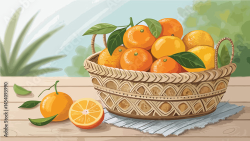Mandarin in basket in natural background, Mandarin vector design, Mandarin orange Illustration vector design