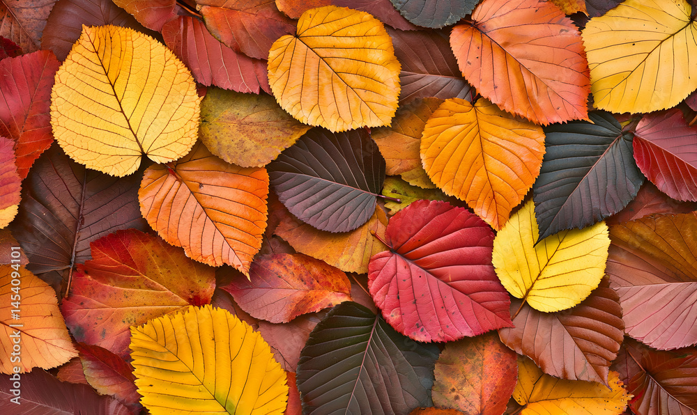 Autumnal array of colorful leaves in warm, earthly hues, displaying vibrant shades of red, orange, yellow, and brown Autumnal array of colorful leaves in warm, earthly hues, displaying vibrant shades of red, orange, yellow, and brown