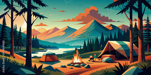 Scenic mountain landscape, lakeside camping, colorful sunset, silhouetted palm trees, cozy tent, campfire, tranquil water reflection, vibrant sky, lush forest, serene wilderness