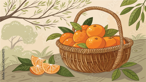 Mandarin vector design, Mandarin orange vector design, Mandarin in basket and mandarin slice in natural background