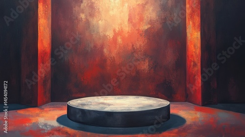 Dramatic Stage Setup with Circular Platform and Colorful Background