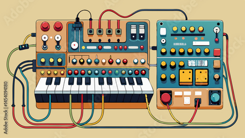 A colorful electronic device with many knobs and buttons. The device is a synthesizer and is covered in wires. The wires are tangled and the device is not in use. Scene is chaotic and disorganized