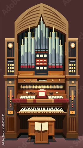 A large, ornate, wooden organ with many keys. The organ is in a room with a dark blue background