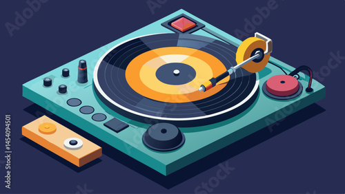 A turntable with a record on it and a stylus. The turntable is green and yellow