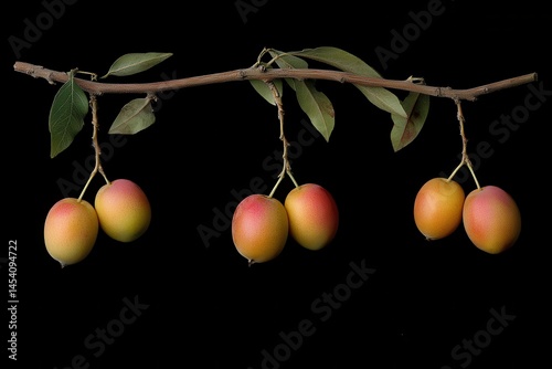 Vibrant ripe fruits hanging from a branch against a black background, showcasing natural beauty