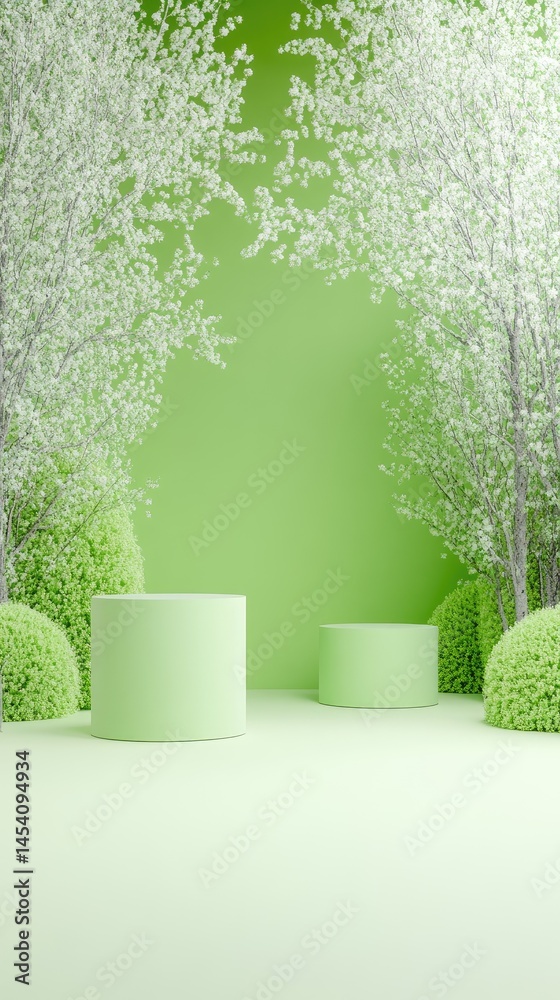 Obraz premium Green scene platforms surround by foliage. Abstract nature background. Spring aesthetic