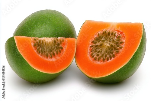Vibrant sliced papaya revealing its juicy orange flesh and seeds against a clean background