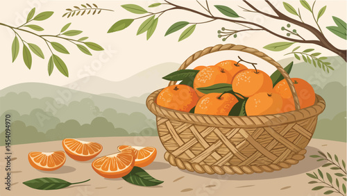 Mandarin in basket and mandarin slice in natural background vector design, Mandarin illustration vector design