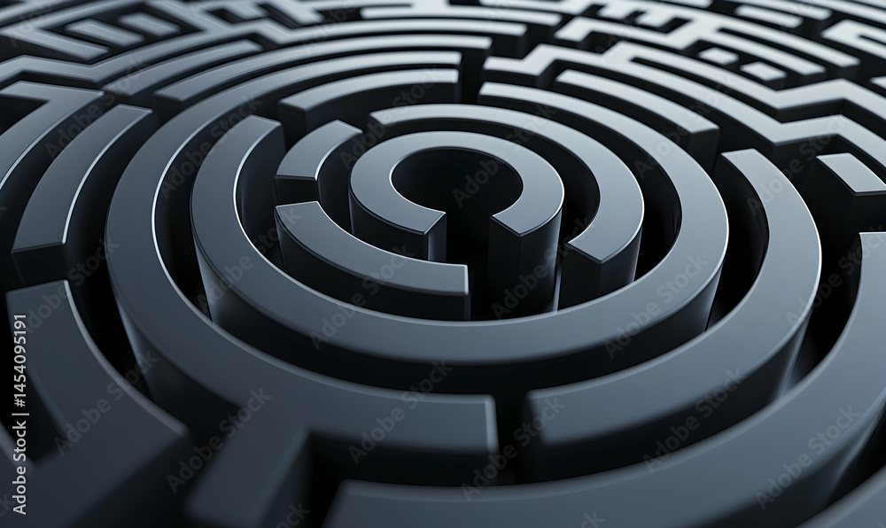 Circular maze design, dark tone. Overhead perspective. Complex and intriguing labyrinth illustration Circular maze design, dark tone. Overhead perspective. Complex and intriguing labyrinth illustration