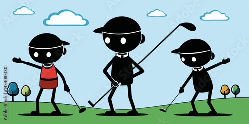 Silhouettes, golf swing sequence, black and white, dynamic poses, retro style, vintage illustration, motion study, sports art, minimalist design, high contrast, four figures, golf clubs, golf attire