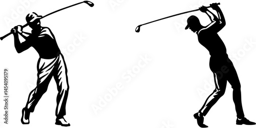 Silhouettes, golf swing sequence, black and white, dynamic poses, retro style, vintage illustration, motion study, sports art, minimalist design, high contrast, four figures, golf clubs, golf attire