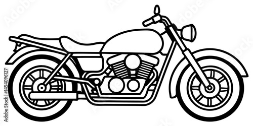 Vintage motorcycle illustration, line drawing, side view, classic cruiser bike, detailed engine, round headlight, curved exhaust pipes, spoked wheels, black and white sketch, minimalist design, retro 