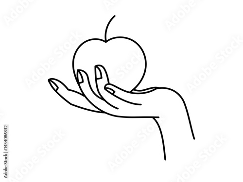 Hand holds an apple. Vector outline monochrome illustration.