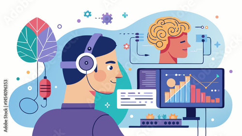 A man wearing headphones is looking at a computer screen with a woman's face on it