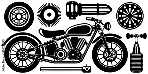 Vintage motorcycle illustration, flat design, retro color palette, motorcycle parts and accessories, classic bike