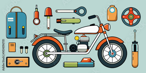 Vintage motorcycle illustration, flat design, retro color palette, motorcycle parts and accessories, classic bike, toolbox, wrench, speedometer, helmet, gas can, spark plug, tire, engine, headlight