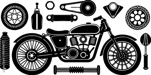 Vintage motorcycle illustration, flat design, retro color palette, motorcycle parts and accessories, classic bike, toolbox, wrench, speedometer, helmet, gas can, spark plug, tire, engine, headlight