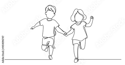 continuous single line drawing of toddler girl and boy running hand in hand  line art vector illustration
