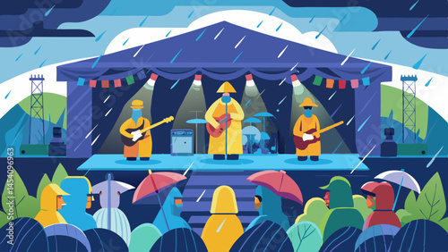 A group of musicians are playing on a stage with umbrellas in the background. Scene is rainy and gloomy