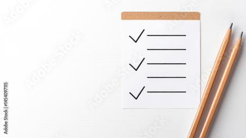 A minimalistic checklist with three checkmarks and wooden pencils on a clean surface.