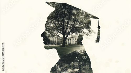 Double exposure silhouette of a graduate with university building and tree inside