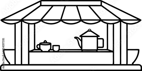 Cartoon Tea stall, vibrant colors, street market, awning, snacks and drinks, hanging lamps, potted plants, flat design, vector illustration, cheerful atmosphere, outdoor eatery, compact kiosk, street