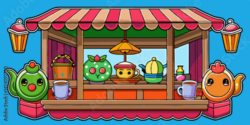 Cartoon Tea stall, vibrant colors, street market, awning, snacks and drinks, hanging lamps, potted plants, flat design, vector illustration, cheerful atmosphere, outdoor eatery, compact kiosk, street