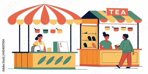 Cartoon Tea stall, vibrant colors, street market, awning, snacks and drinks, hanging lamps, potted plants, flat design, vector illustration, cheerful atmosphere, outdoor eatery, compact kiosk, street
