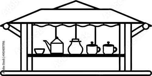 Cartoon Tea stall, , street market, awning, snacks and drinks, hanging lamps, potted plants, flat design, vector illustration, cheerful atmosphere, outdoor eatery, compact kiosk, street